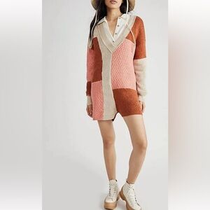 Free People Flying' By Mix Stitch Romper Knit Sweater Colorblock Rust Tan M boho